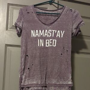 Purple Graphic Tee with 'Namast'ay in Bed'